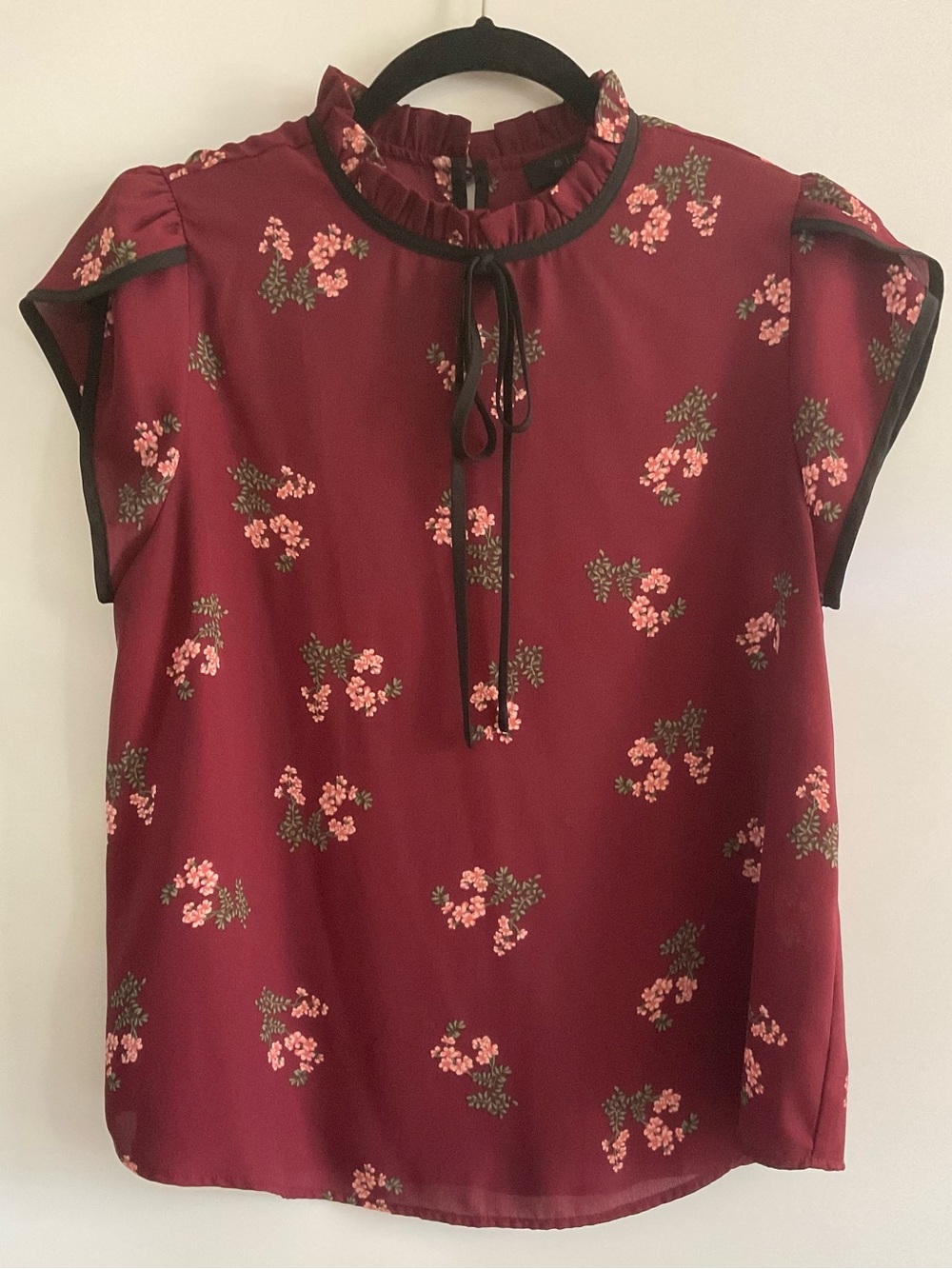 mine Burgundy Floral Tie-Neck Cap-Sleeve Blouse